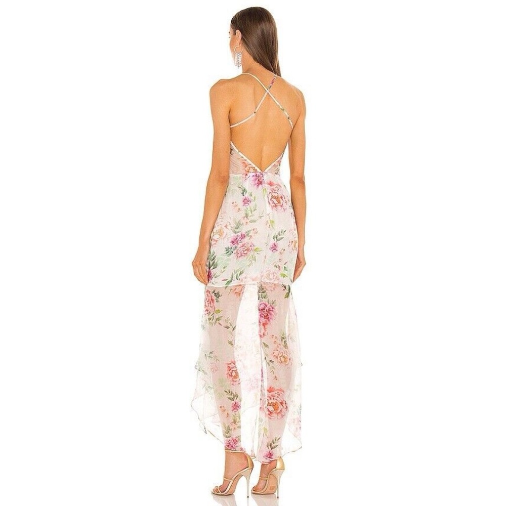 Sau Lee Frieda Silk Cowl Neck High Low Ruched Dress in White Pink Floral Size 4 - Picture 2 of 11